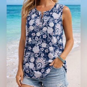 SJS Navy Paisley Tank Top | Sleeveless Blouse | Lightweight | Casual Chic